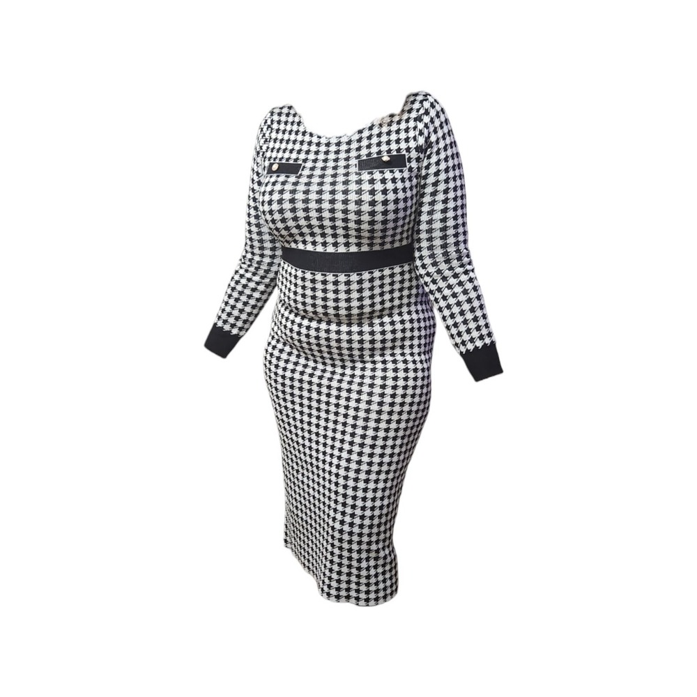 Long Sleeve Houndstooth‎ Print Button Midi Dress, Size M New No tags